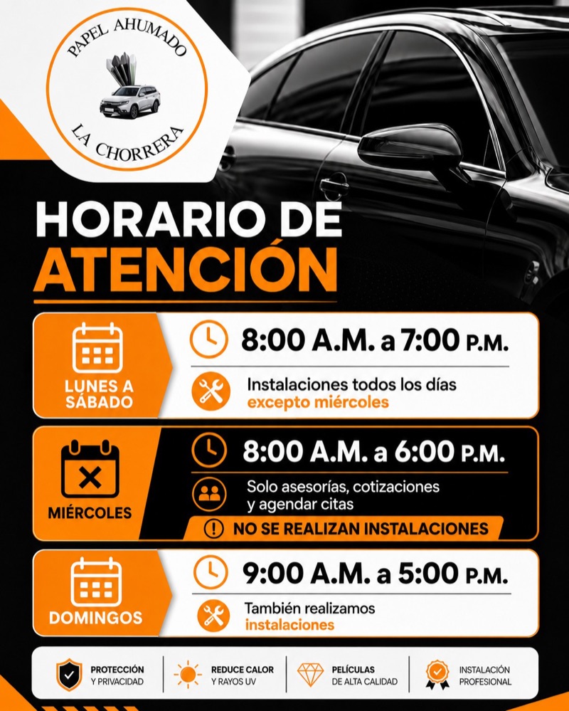 Horario de atención: lunes a sábado 8am–7pm, miércoles solo cotizaciones, domingos 9am–5pm.