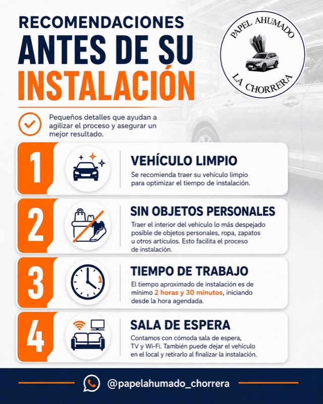 Recomendaciones antes de la instalación: vehículo limpio, sin objetos personales, tiempo de trabajo mínimo 2 horas 30 minutos, y sala de espera con TV y Wi-Fi.